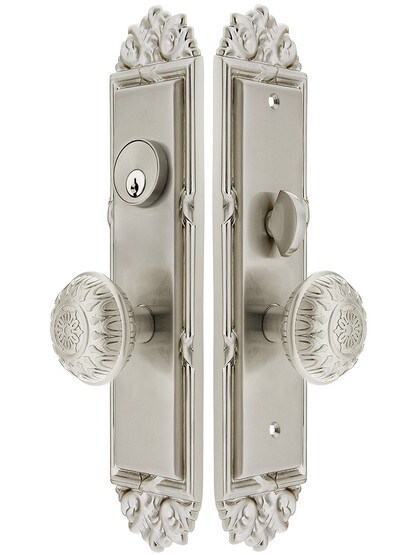 Regency F20 Function Mortise Lock Entryset in Satin Nickel with Left Hand Lancaster Knobs, and Stop/Release Buttons.